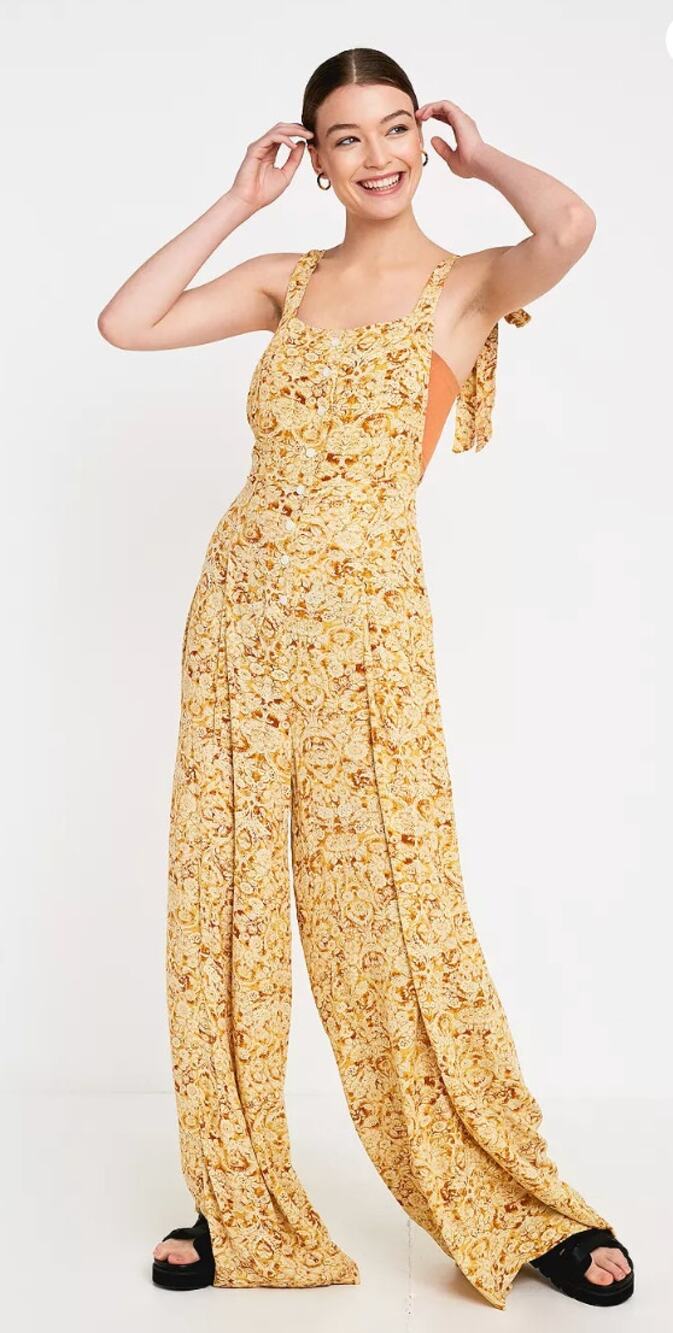 NWT Free People Sugar Sands Floral Jumpsuit Camel Combo Yellow Floral LARGE